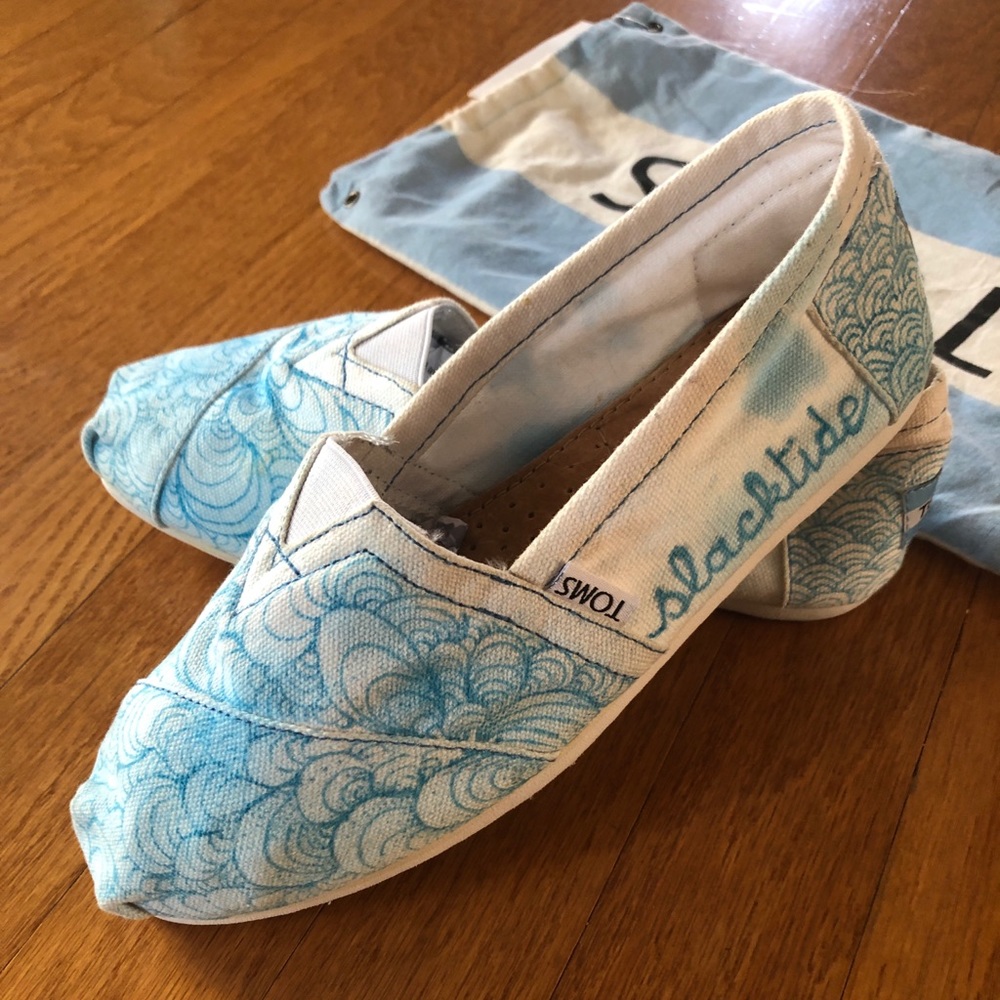 Custom designed artwork white blue TOMS shoes